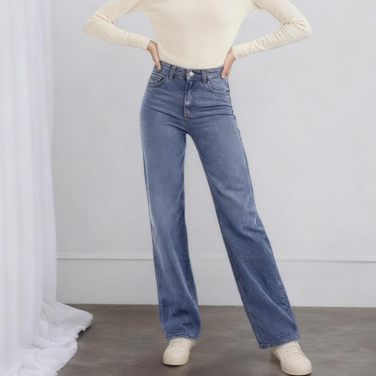 Retro Washed Denim Straight Leg Jeans