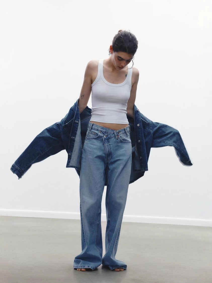 Retro Washed Denim Straight Leg Jeans