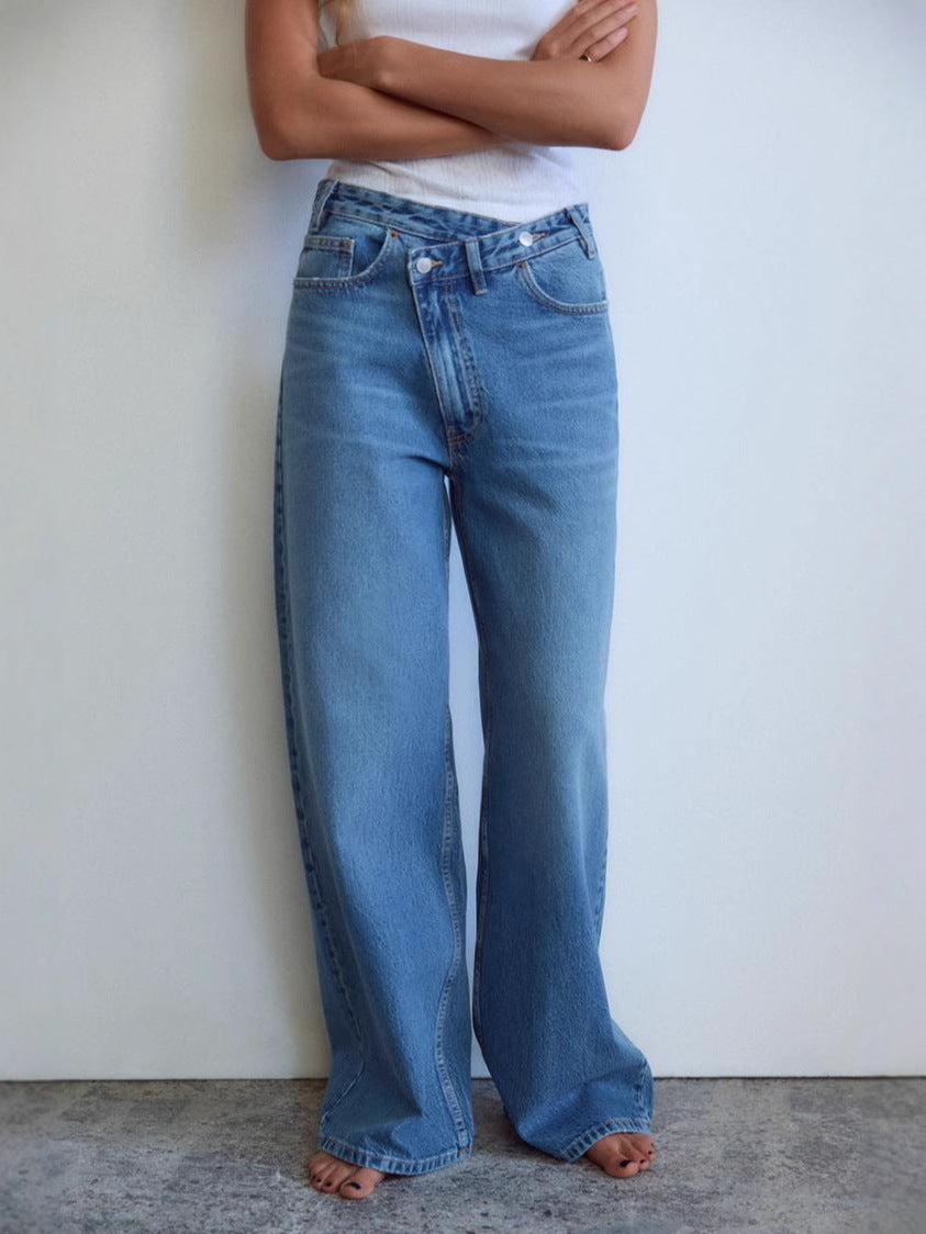 Retro Washed Denim Straight Leg Jeans