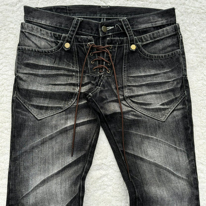 Retro Washed Double Waist Flared Denim Pants