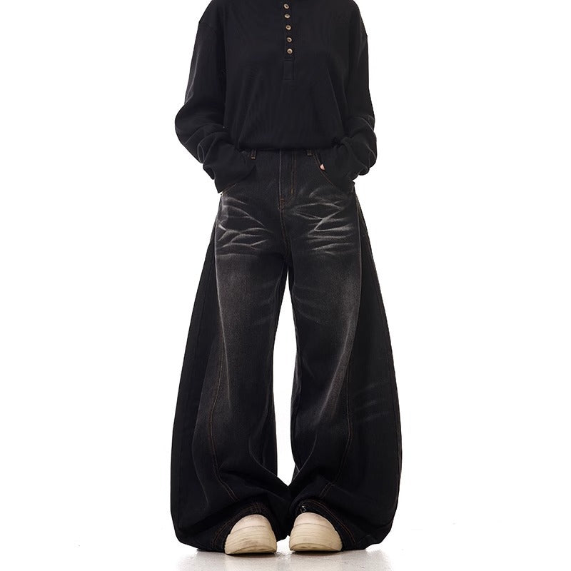 Retro Washed Wide Leg Denim Trousers
