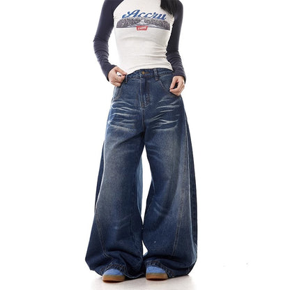 Retro Washed Wide Leg Denim Trousers