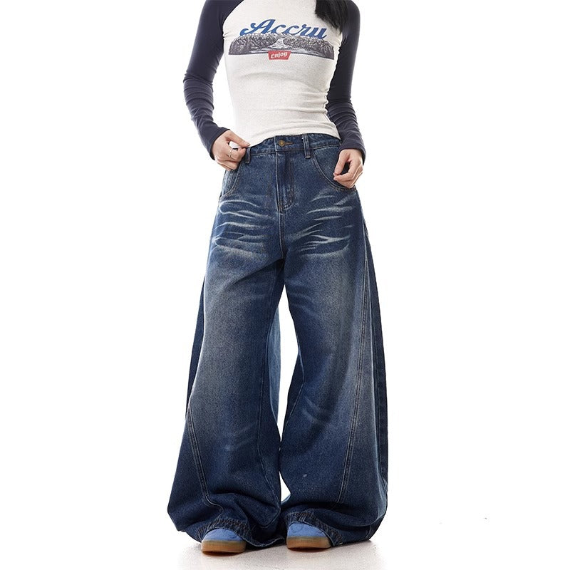 Retro Washed Wide Leg Denim Trousers