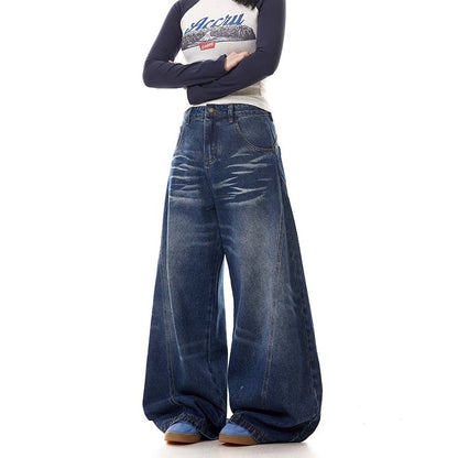 Retro Washed Wide Leg Denim Trousers