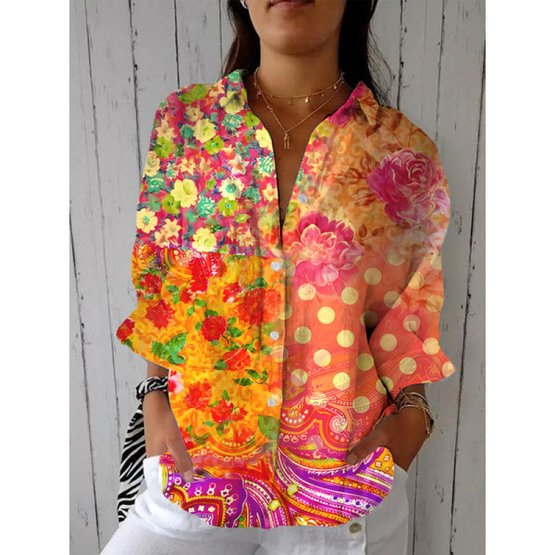 Retro Watercolor Cat Print Shirt and Pants Set with Scarf