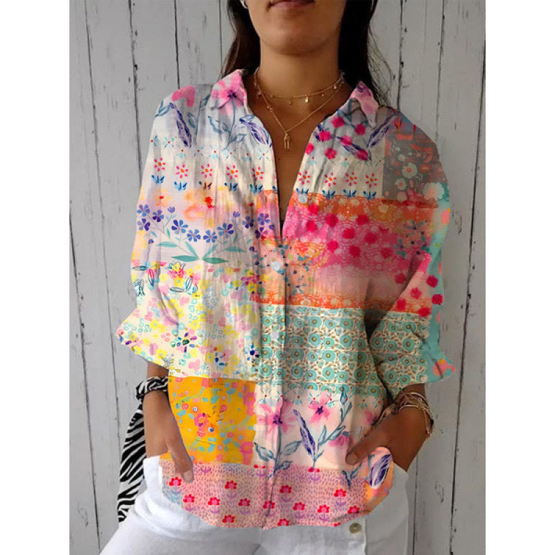 Retro Watercolor Cat Print Shirt and Pants Set with Scarf