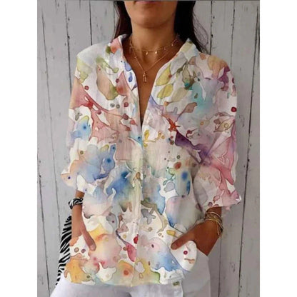 Retro Watercolor Cat Print Shirt and Pants Set with Scarf