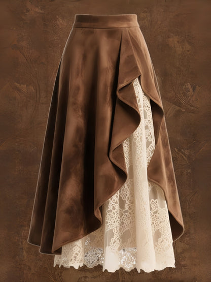 Retro Western Suede Lace Splicing Skirt
