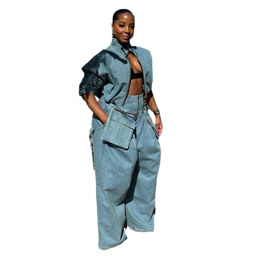 Retro Wide Leg Denim Two-Piece Set