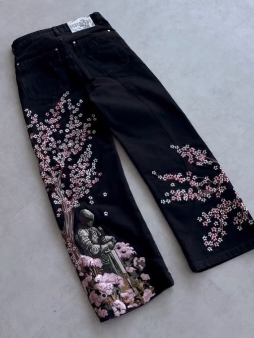 Retro Wide Leg Printed Denim Pants