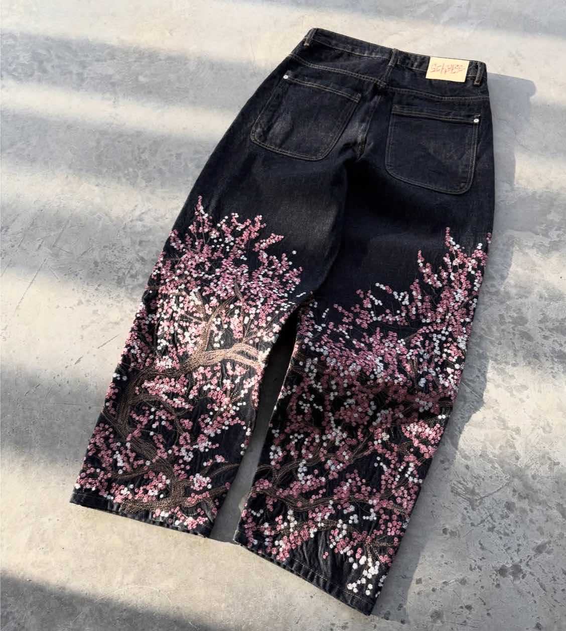 Retro Wide Leg Printed Denim Pants