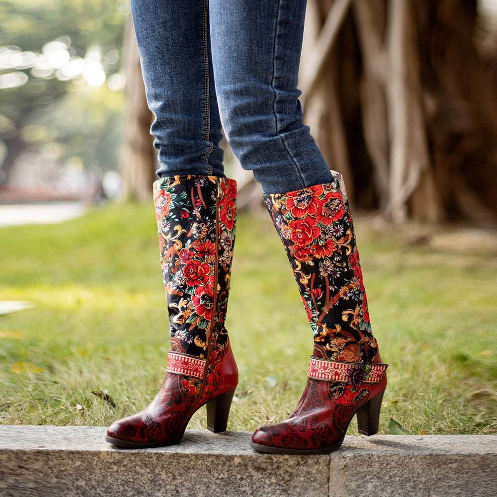 Retro Women's Mid-Heel Knee-High Boots with Floral Detail
