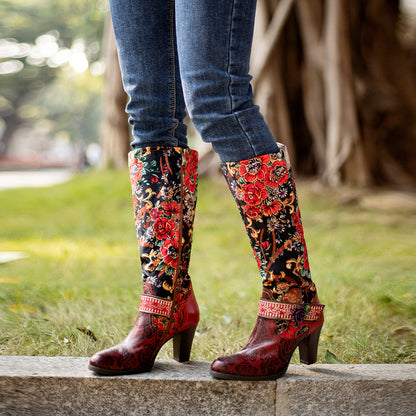 Retro Women's Mid-Heel Knee-High Boots with Floral Detail
