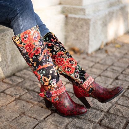 Retro Women's Mid-Heel Knee-High Boots with Floral Detail