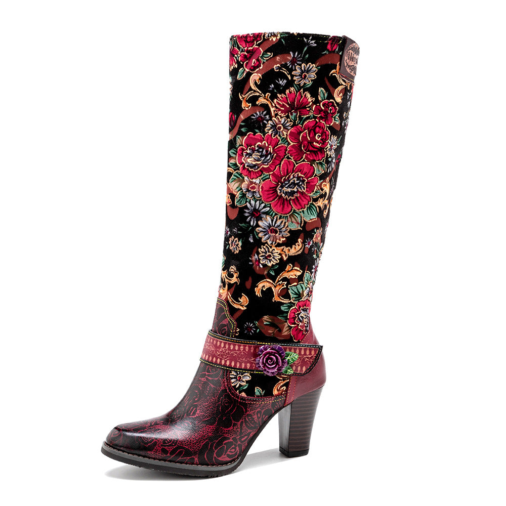 Retro Women's Mid-Heel Knee-High Boots with Floral Detail
