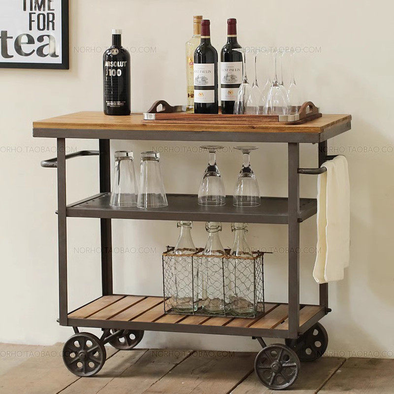 Retro Wood and Iron Serving Cart with Wheels