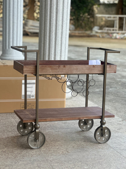 Retro Wood and Iron Storage Cart with Wheels