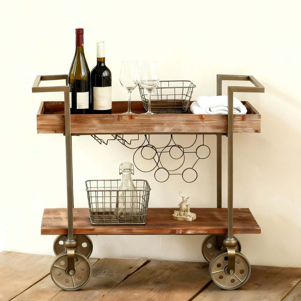 Retro Wood and Iron Storage Cart with Wheels