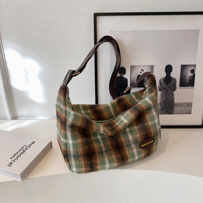 Retro Woolen Plaid Shoulder Bag