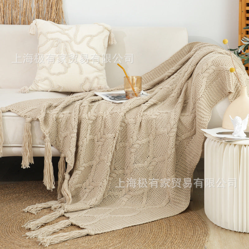 Retro Woven Acrylic Blanket with Fringe
