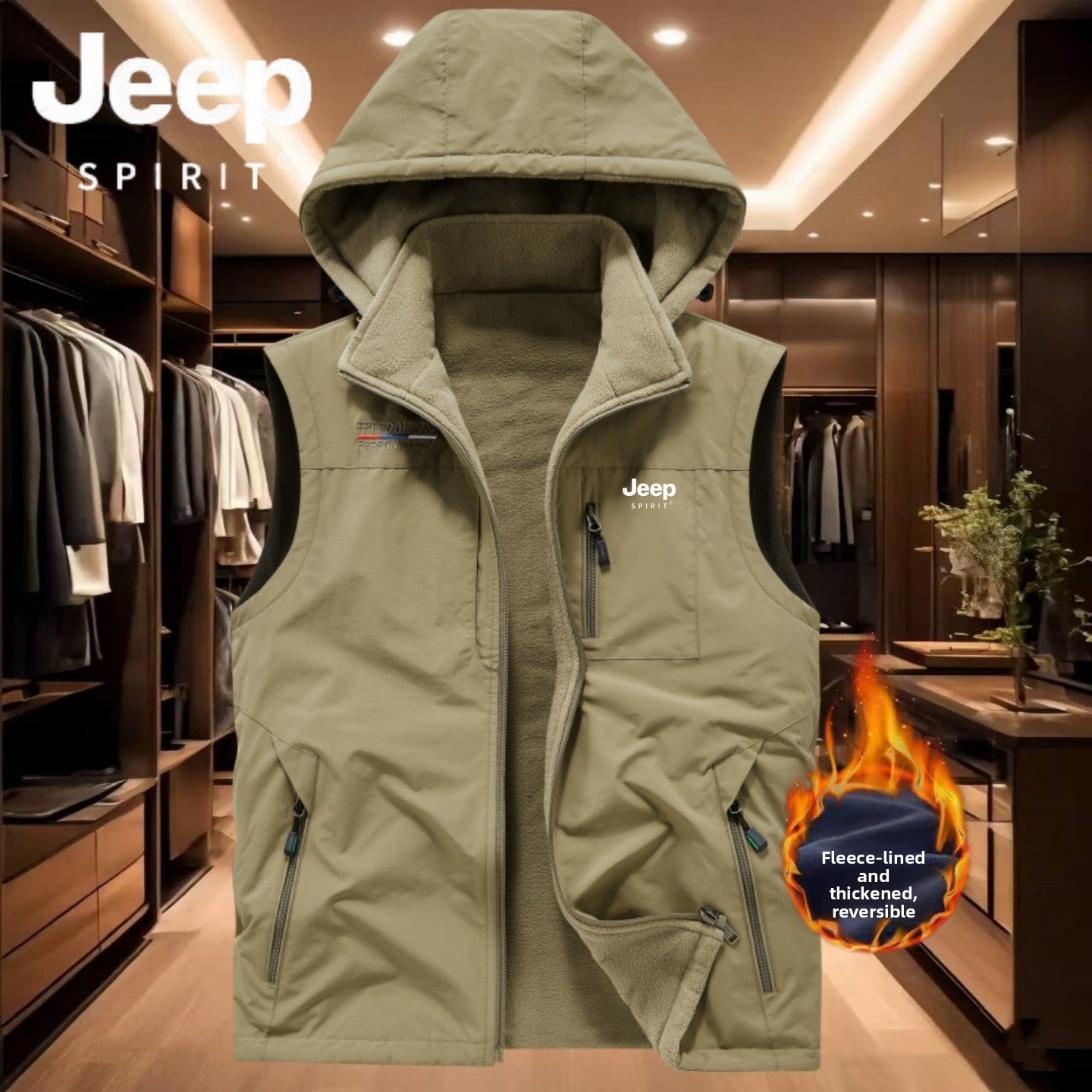 Reversible Fleece-Lined Mens Vest with Removable Hood
