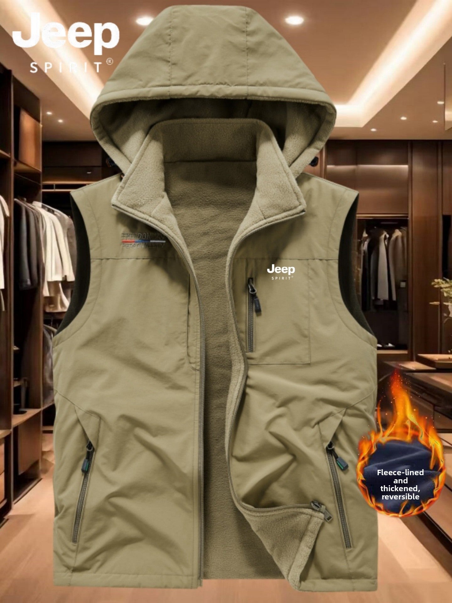 Reversible Fleece-Lined Mens Vest with Removable Hood