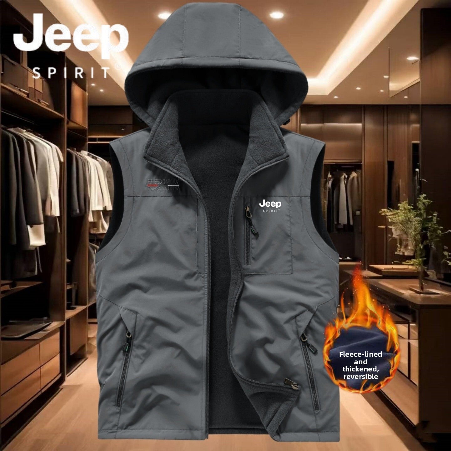 Reversible Fleece-Lined Mens Vest with Removable Hood