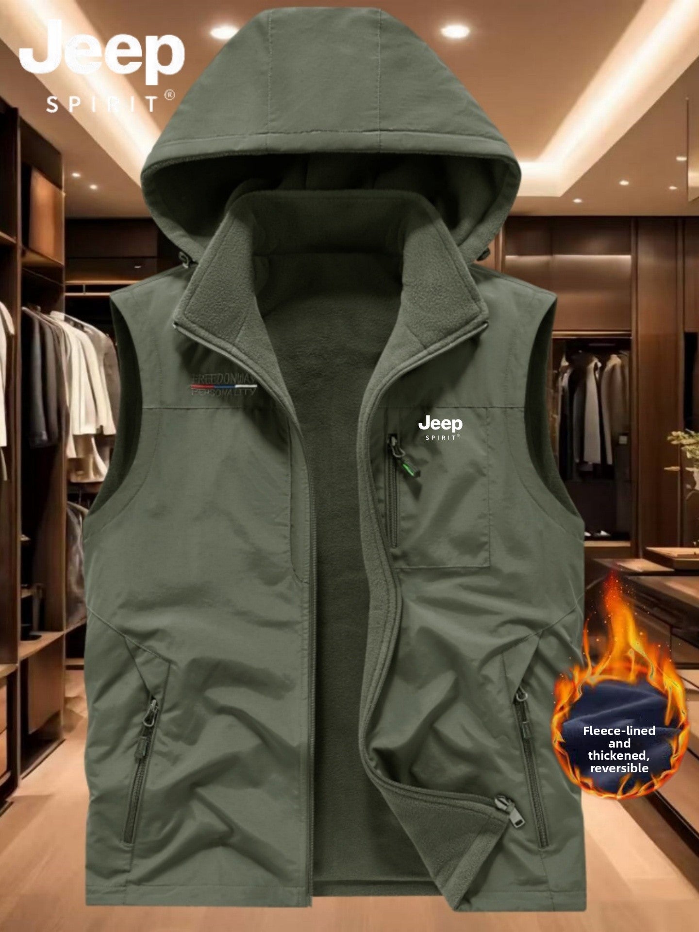 Reversible Fleece-Lined Mens Vest with Removable Hood