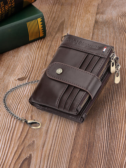 RFID Genuine Leather Men's Wallet with Anti-Theft Chain
