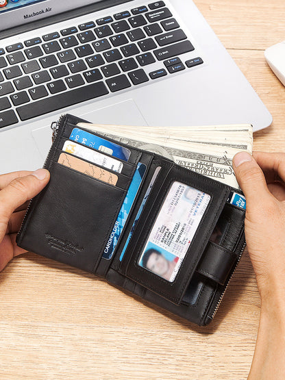 RFID Genuine Leather Men's Wallet with Anti-Theft Chain