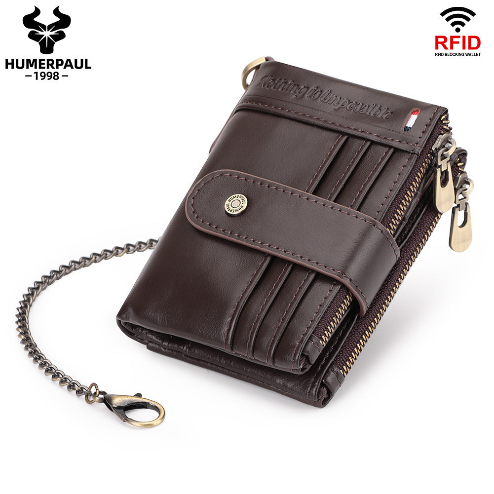 RFID Genuine Leather Men's Wallet with Anti-Theft Chain
