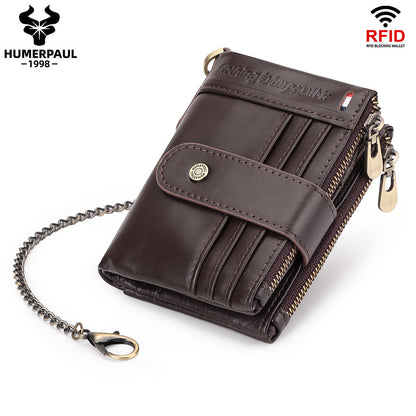 RFID Genuine Leather Men's Wallet with Anti-Theft Chain