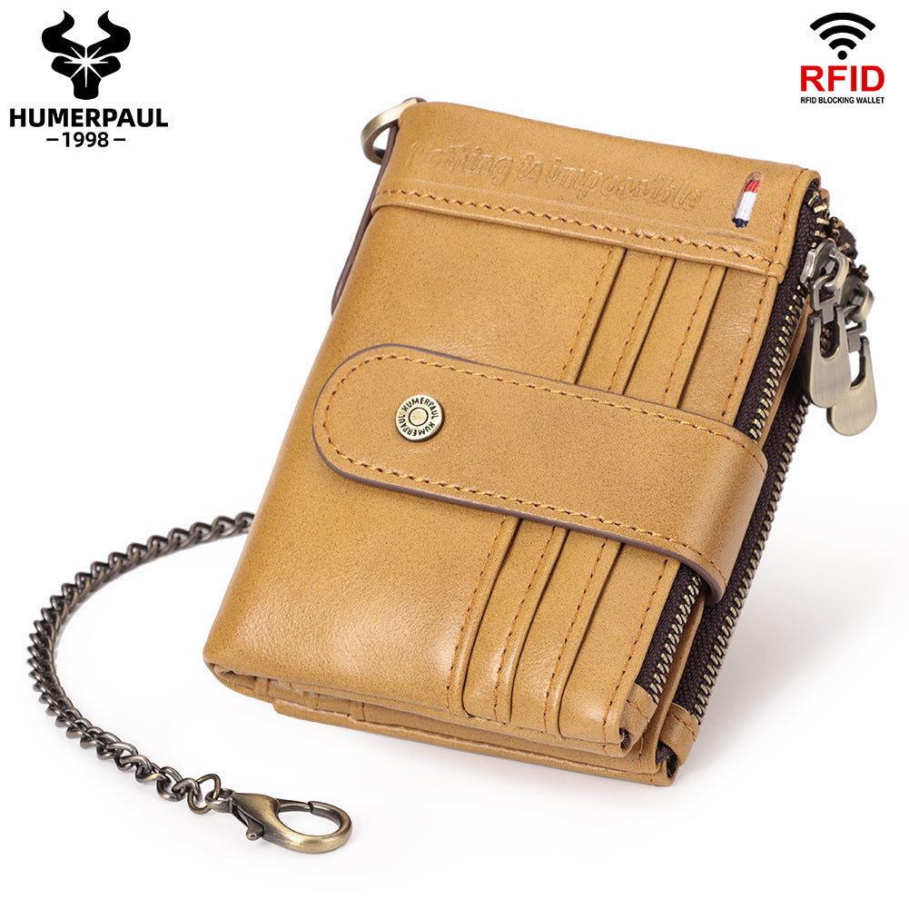 RFID Genuine Leather Men's Wallet with Anti-Theft Chain
