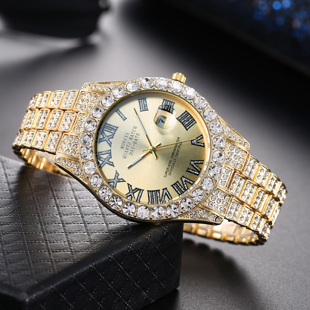 Rhinestone Calendar Men's Alloy Watch