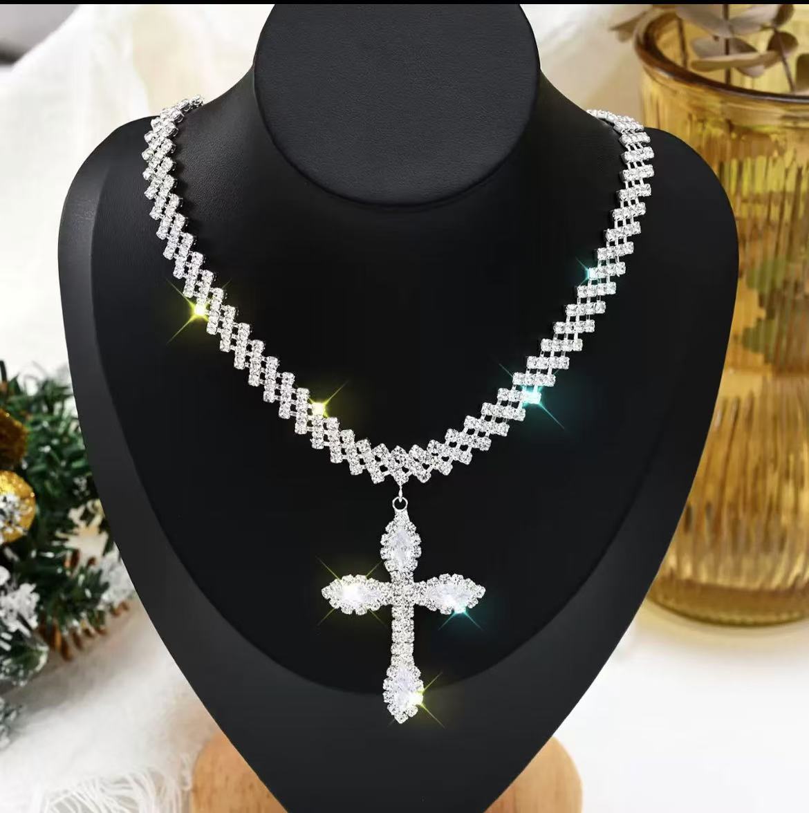 Rhinestone Cross Choker Necklace for Women