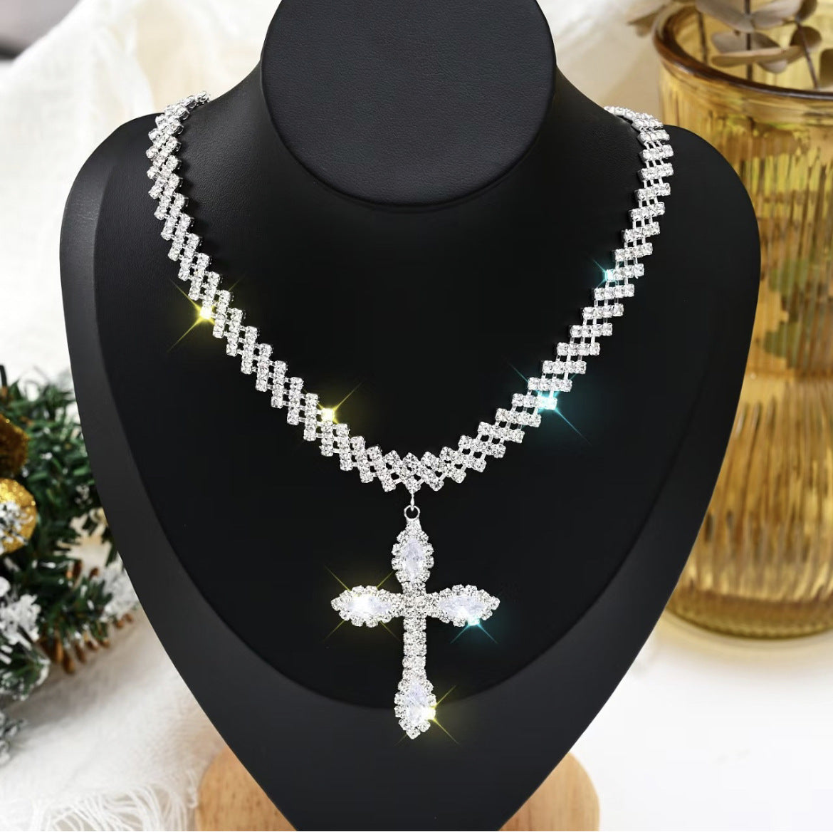 Rhinestone Cross Choker Necklace for Women