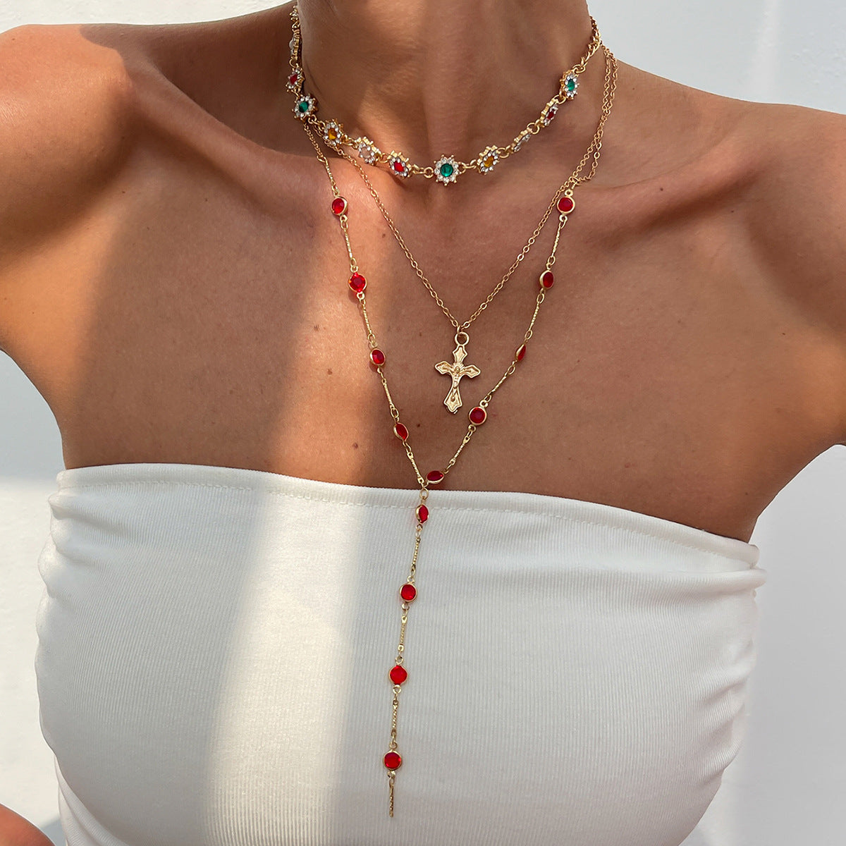 Rhinestone Cross Necklace Jewelry Set