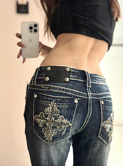 Rhinestone Embroidered Low-Rise Women's Jeans
