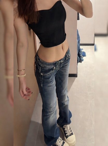 Rhinestone Embroidered Low-Rise Women's Jeans
