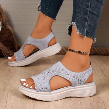 Rhinestone Fly-Knit Casual Sandals