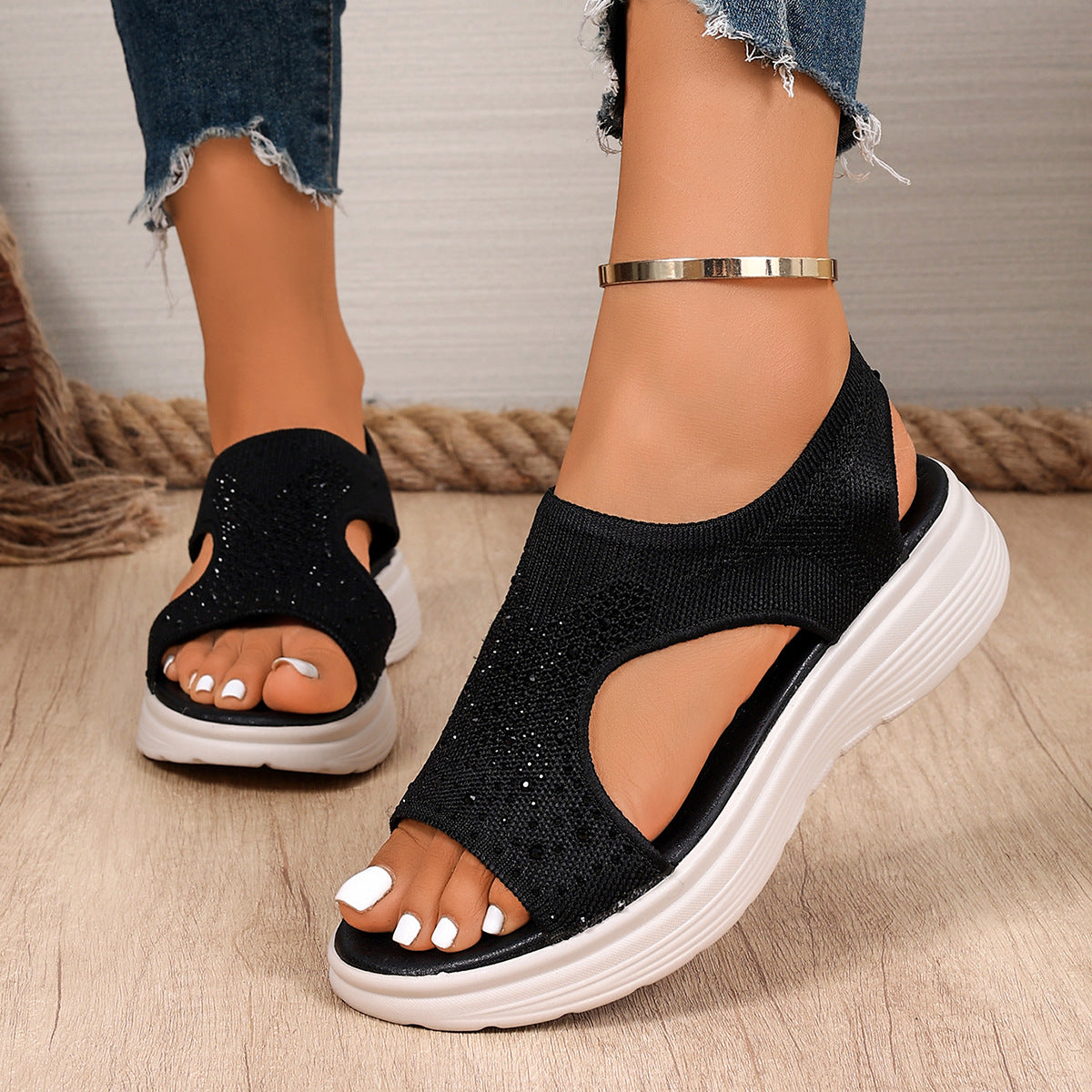 Rhinestone Fly-Knit Casual Sandals