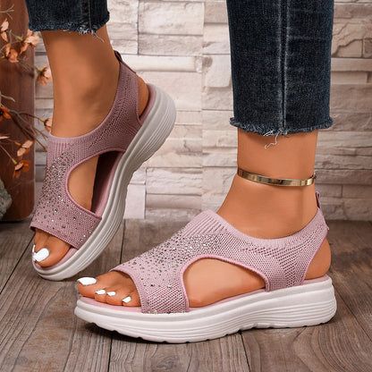 Rhinestone Fly-Knit Casual Sandals