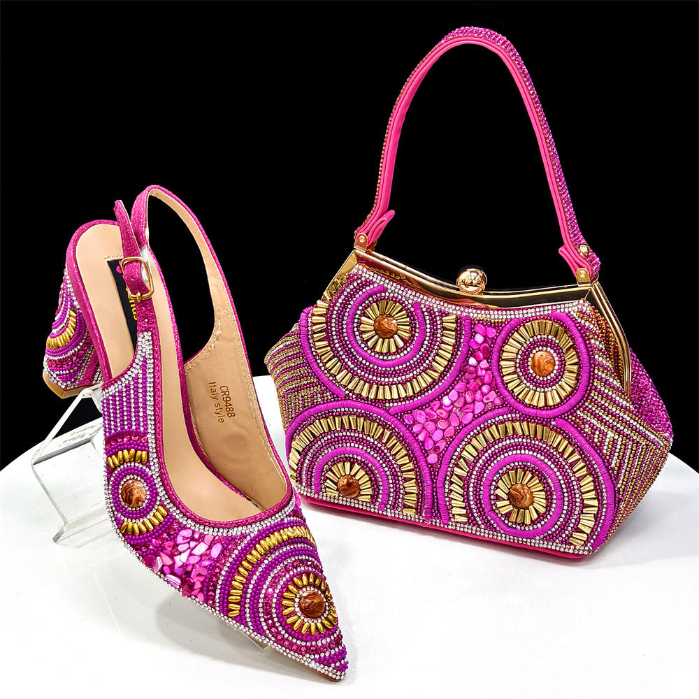 Rhinestone high-heeled pointed-toe sandals and an irregular-shaped handbag