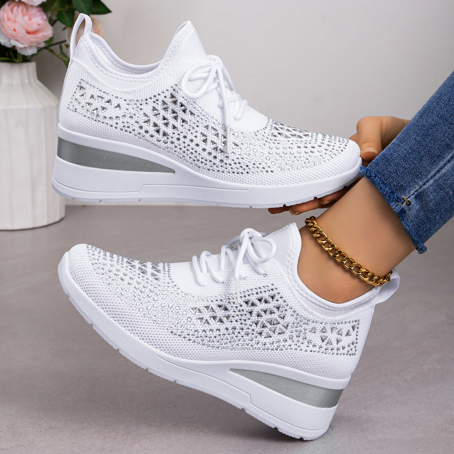 Rhinestone Lace-Up Women Casual Shoes