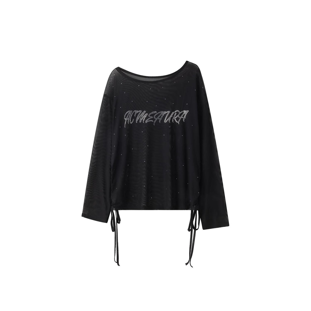 Rhinestone One-Shoulder Mesh Long Sleeve T-Shirt