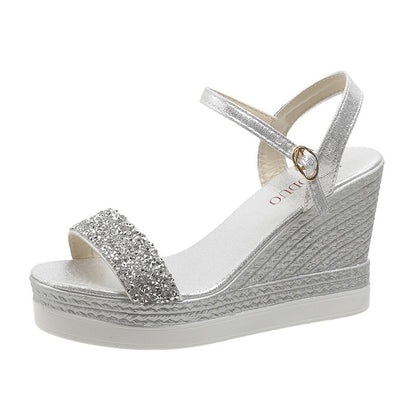 Rhinestone Open-Toe Wedge Sandals