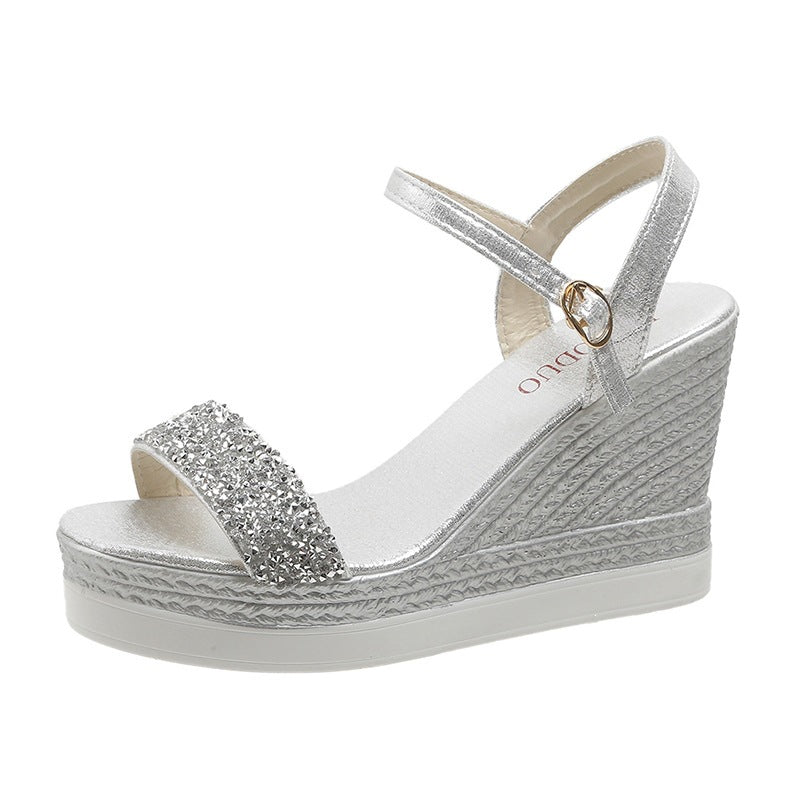Rhinestone Open-Toe Wedge Sandals