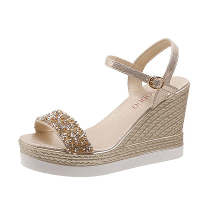 Rhinestone Open-Toe Wedge Sandals