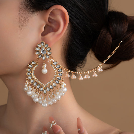 Rhinestone Pearl Tassel Earrings with Chain