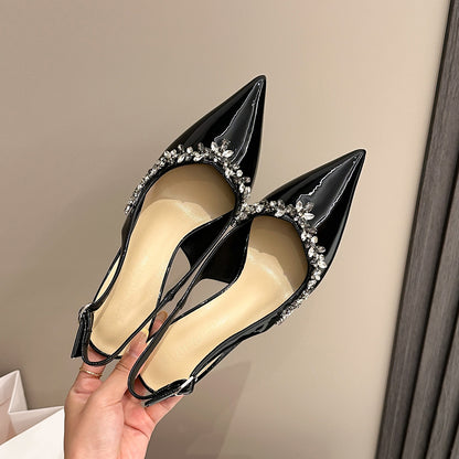 Rhinestone Stiletto Heel Pointed Toe Satin Open Back Sandals for Women